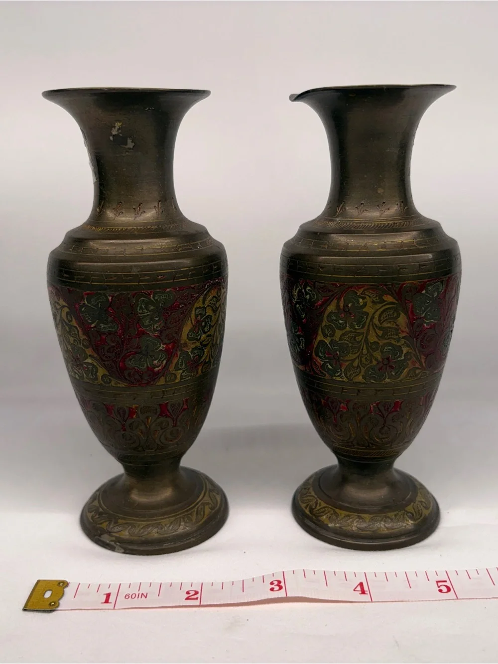 Vintage Etched Brass Enamel Floral Vases Pair Made in India Boho Decor Set of 2